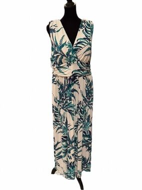 Soma XL Beyond Soft Long Summer Maxi Dress White with green tropical print💚